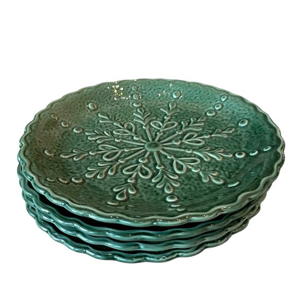 Potter's Studio Snowflake Salad Plates 7.5" Holiday Green Ceramic Set of 4 New - Picture 5 of 15